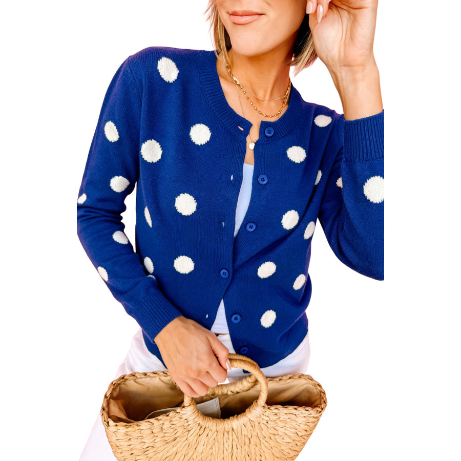 Fiery Red Casual Polka Dot Button Front Long Sleeve Sweater Cardigan Sweaters & Cardigans/Cardigans