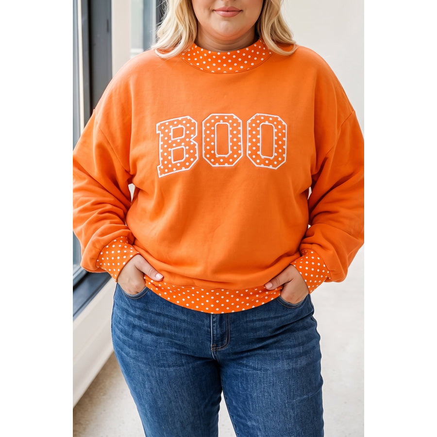 Fiery Red Casual Polka Dot Patchwork Letter Graphic Plus Size Sweatshirt Grapefruit Orange / 1X Size/Plus Sweatshirts & Hoodies