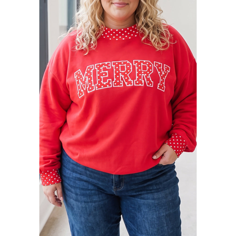 Fiery Red Casual Polka Dot Patchwork Letter Graphic Plus Size Sweatshirt Tomato / 1X Size/Plus Sweatshirts & Hoodies