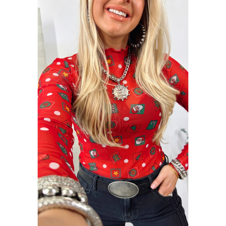 Fiery Red Christmas Elements Printed Long Sleeve Sheer Mesh Top Fiery Red / S / 95% Polyester + 5% Elastane Tops/Long Sleeve Tops
