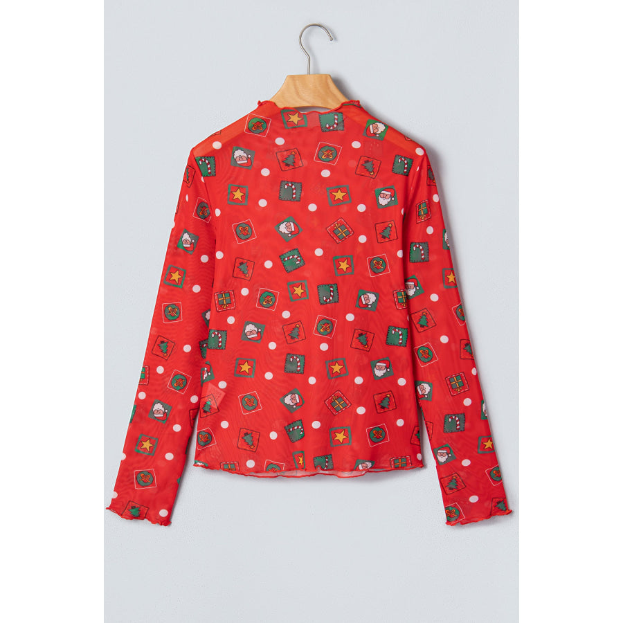 Fiery Red Christmas Elements Printed Long Sleeve Sheer Mesh Top Tops/Long Tops