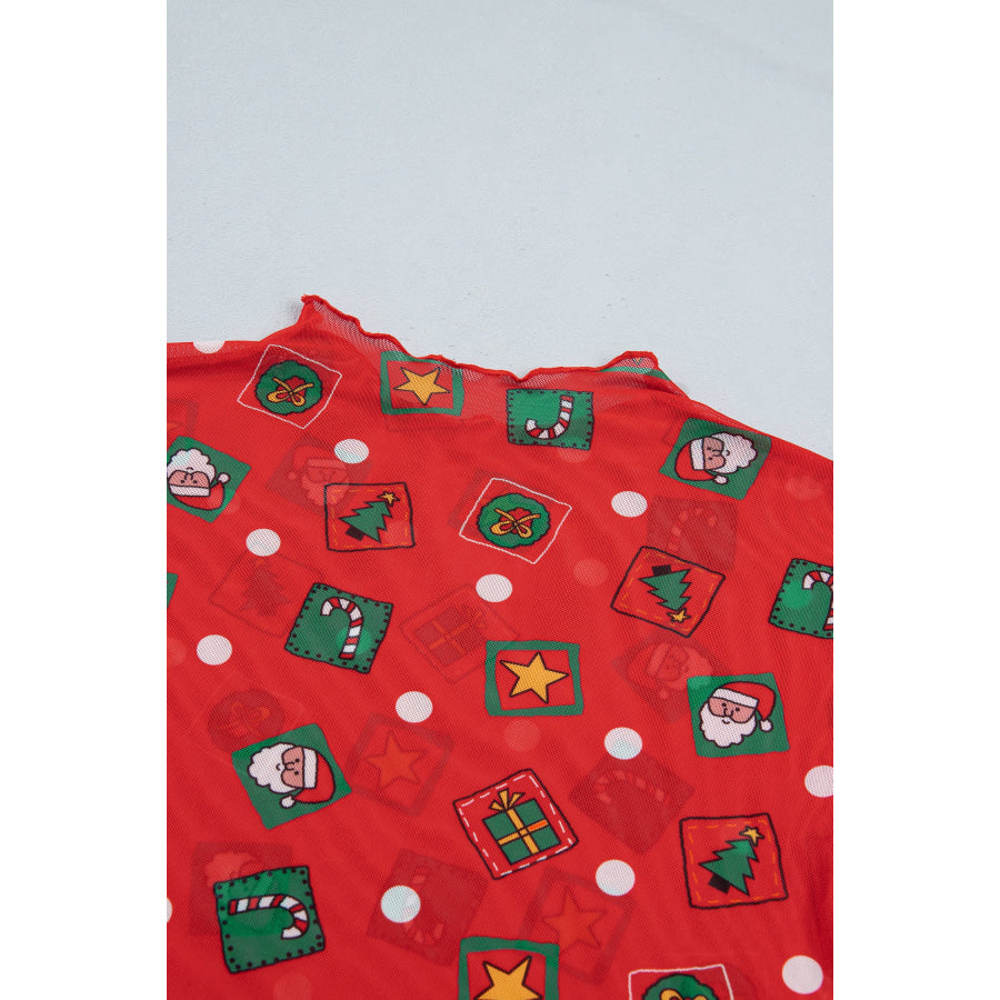 Fiery Red Christmas Elements Printed Long Sleeve Sheer Mesh Top Tops/Long Tops