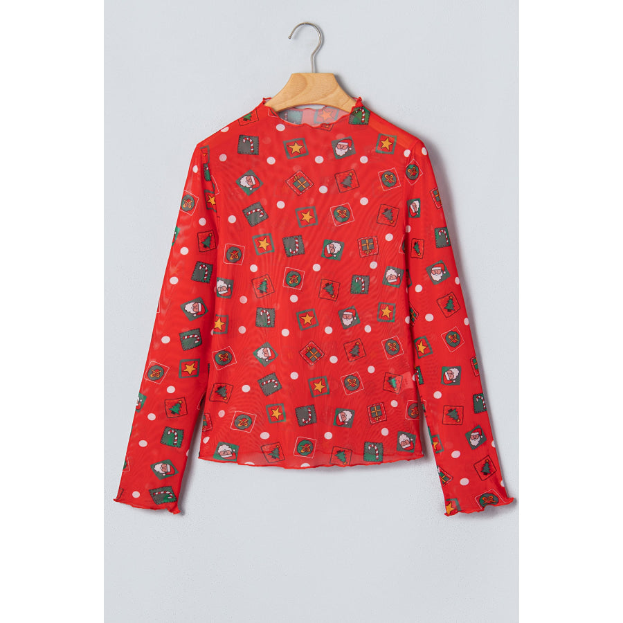 Fiery Red Christmas Elements Printed Long Sleeve Sheer Mesh Top Tops/Long Sleeve Tops