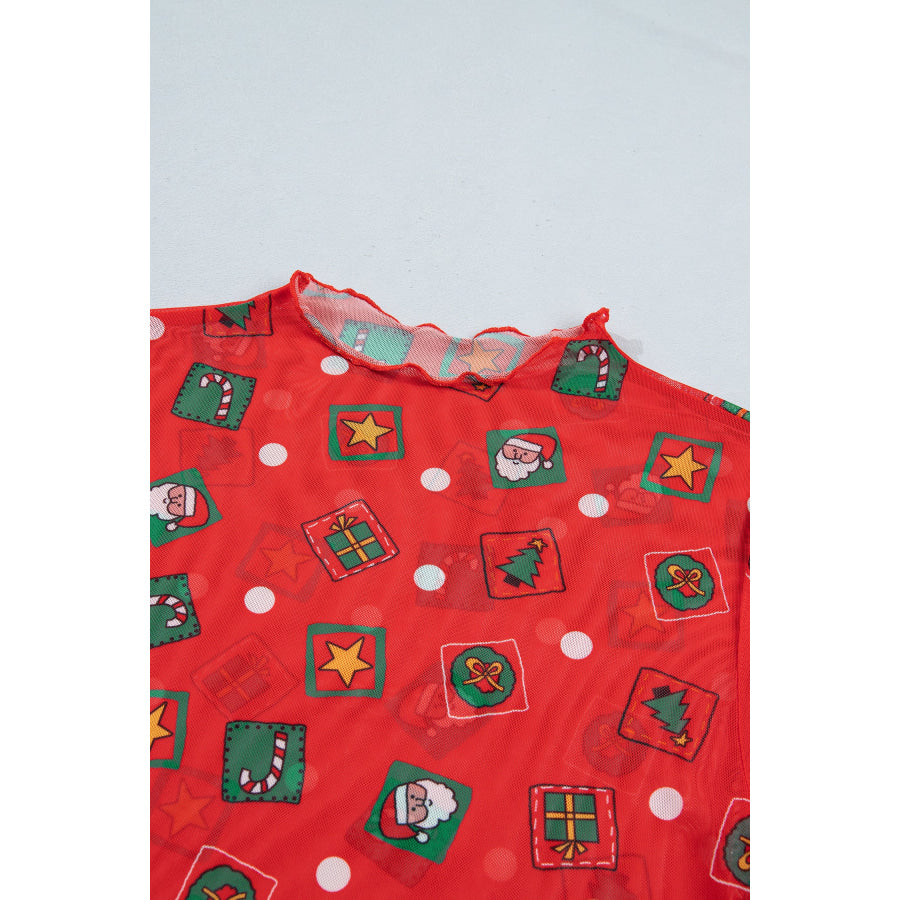 Fiery Red Christmas Elements Printed Long Sleeve Sheer Mesh Top Tops/Long Tops