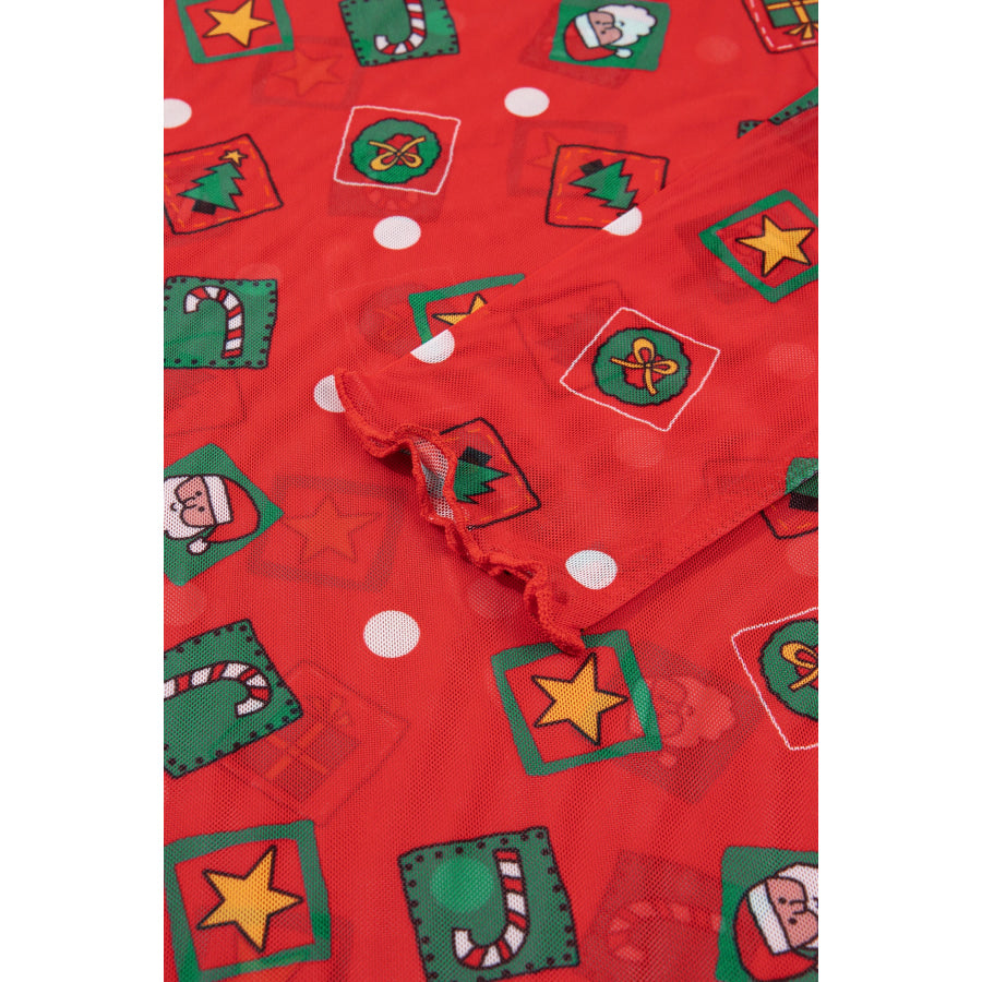 Fiery Red Christmas Elements Printed Long Sleeve Sheer Mesh Top Tops/Long Tops