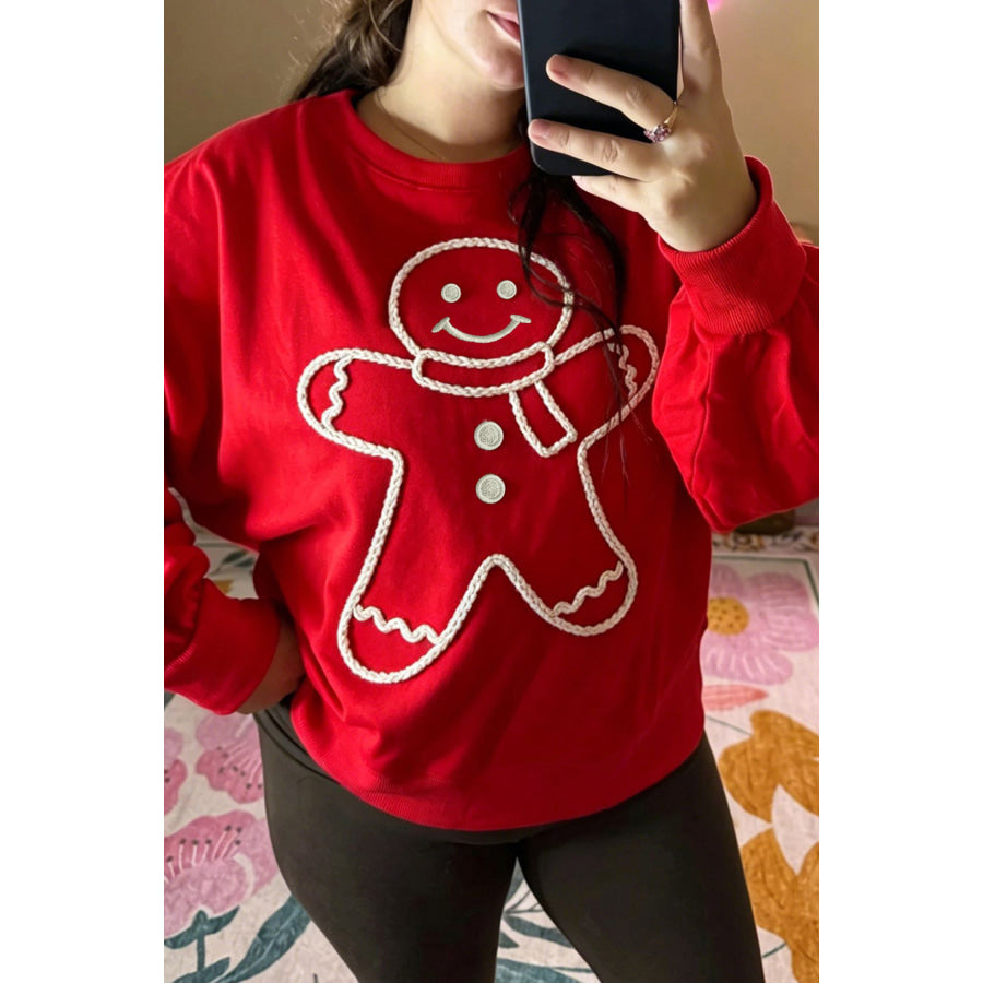 Fiery Red Christmas Embroidered Long Sleeve Casual Round Neck Loose Fit Sweatshirt / S / 65% Polyester + 35% Cotton Tops/Sweatshirts &