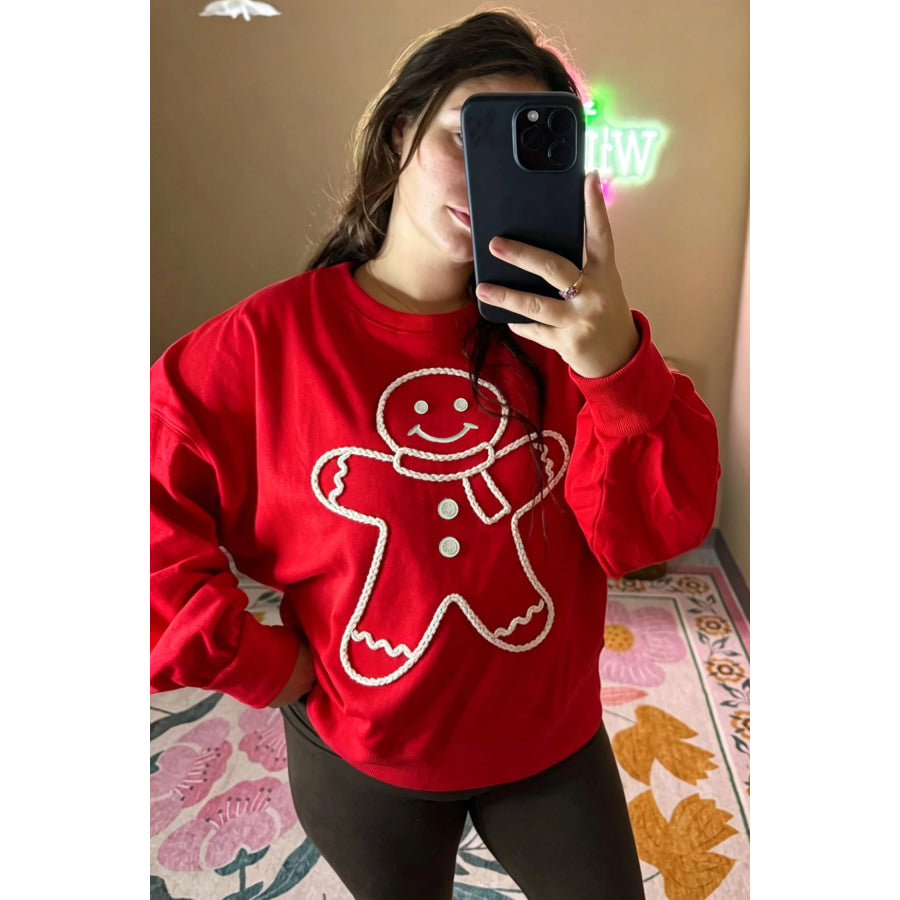 Fiery Red Christmas Embroidered Long Sleeve Casual Round Neck Loose Fit Sweatshirt Tops/Sweatshirts & Hoodies