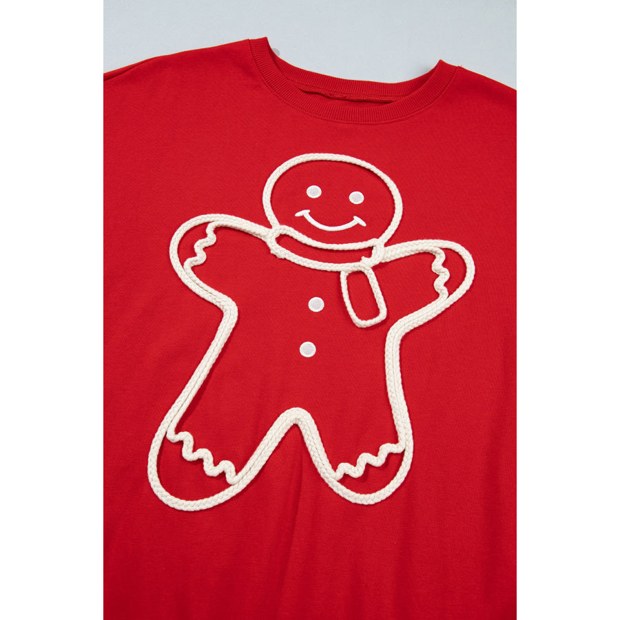 Fiery Red Christmas Embroidered Long Sleeve Casual Round Neck Loose Fit Sweatshirt Tops/Sweatshirts & Hoodies