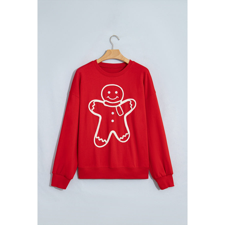 Fiery Red Christmas Embroidered Long Sleeve Casual Round Neck Loose Fit Sweatshirt Tops/Sweatshirts & Hoodies