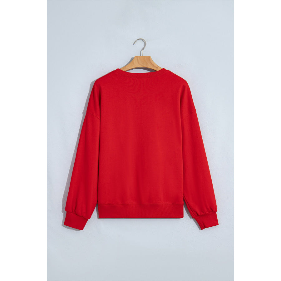 Fiery Red Christmas Embroidered Long Sleeve Casual Round Neck Loose Fit Sweatshirt Tops/Sweatshirts & Hoodies