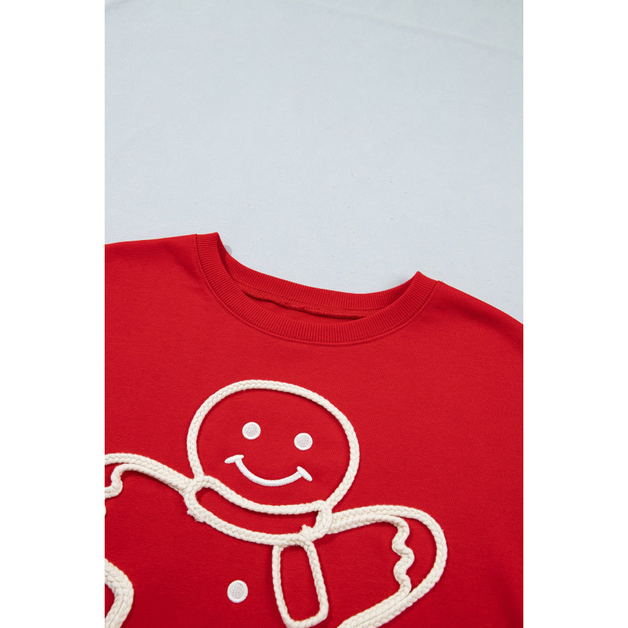 Fiery Red Christmas Embroidered Long Sleeve Casual Round Neck Loose Fit Sweatshirt Tops/Sweatshirts & Hoodies