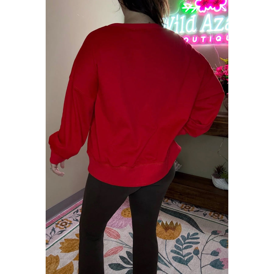 Fiery Red Christmas Embroidered Long Sleeve Casual Round Neck Loose Fit Sweatshirt Tops/Sweatshirts & Hoodies