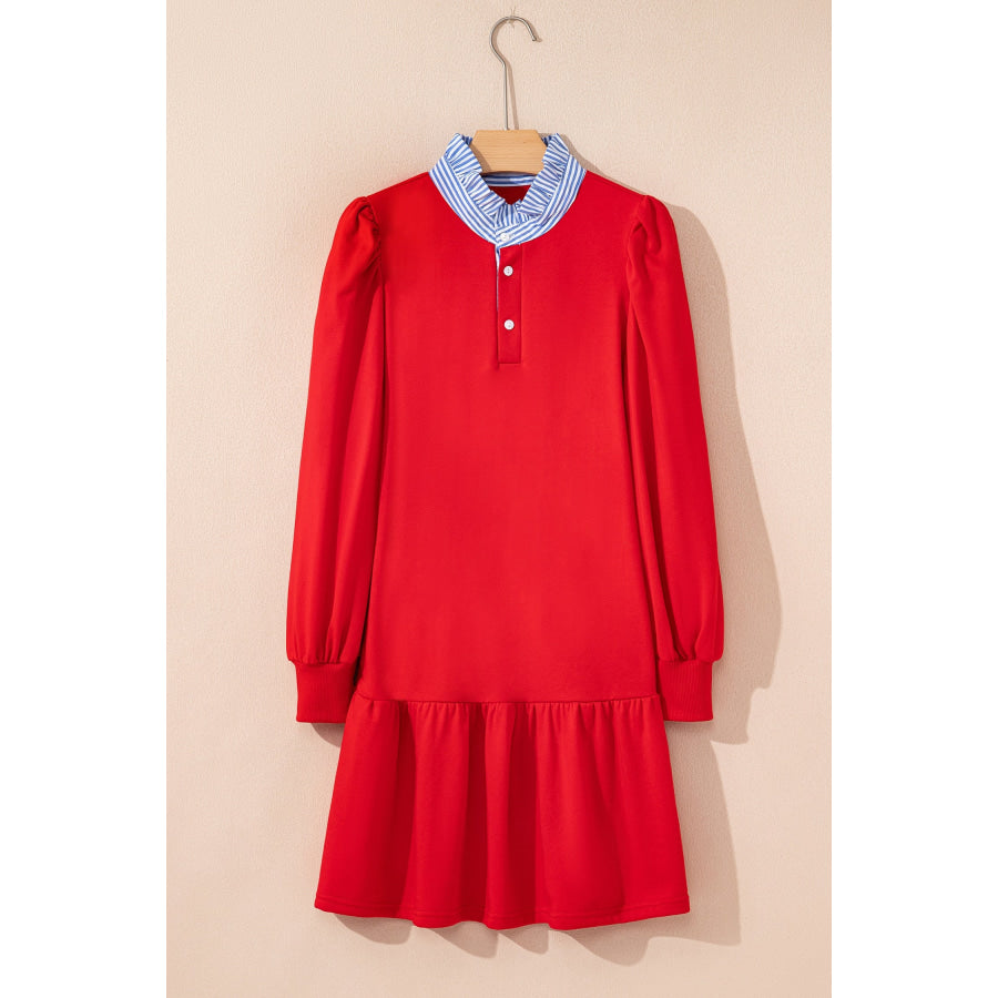 Fiery Red Contrast Striped Collar Patchwork Puff Sleeve Ruffle Hem Mini Dress Dresses/Mini Dresses