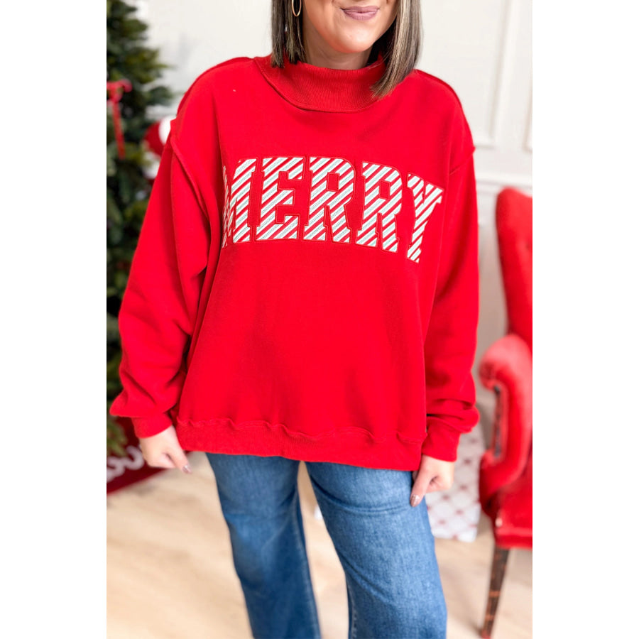Fiery Red Embroidered Merry Slogan Stand Neck Long Sleeve Shift Sweatshirt / S / 65% Polyester + 35% Cotton Tops/Sweatshirts & Hoodies