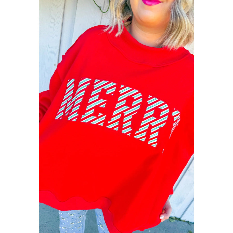 Fiery Red Embroidered Merry Slogan Stand Neck Long Sleeve Shift Sweatshirt Tops/Sweatshirts & Hoodies