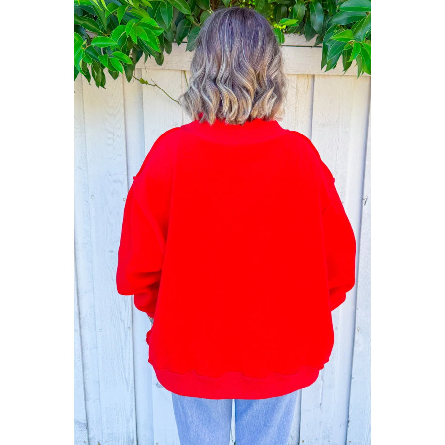 Fiery Red Embroidered Merry Slogan Stand Neck Long Sleeve Shift Sweatshirt Tops/Sweatshirts & Hoodies