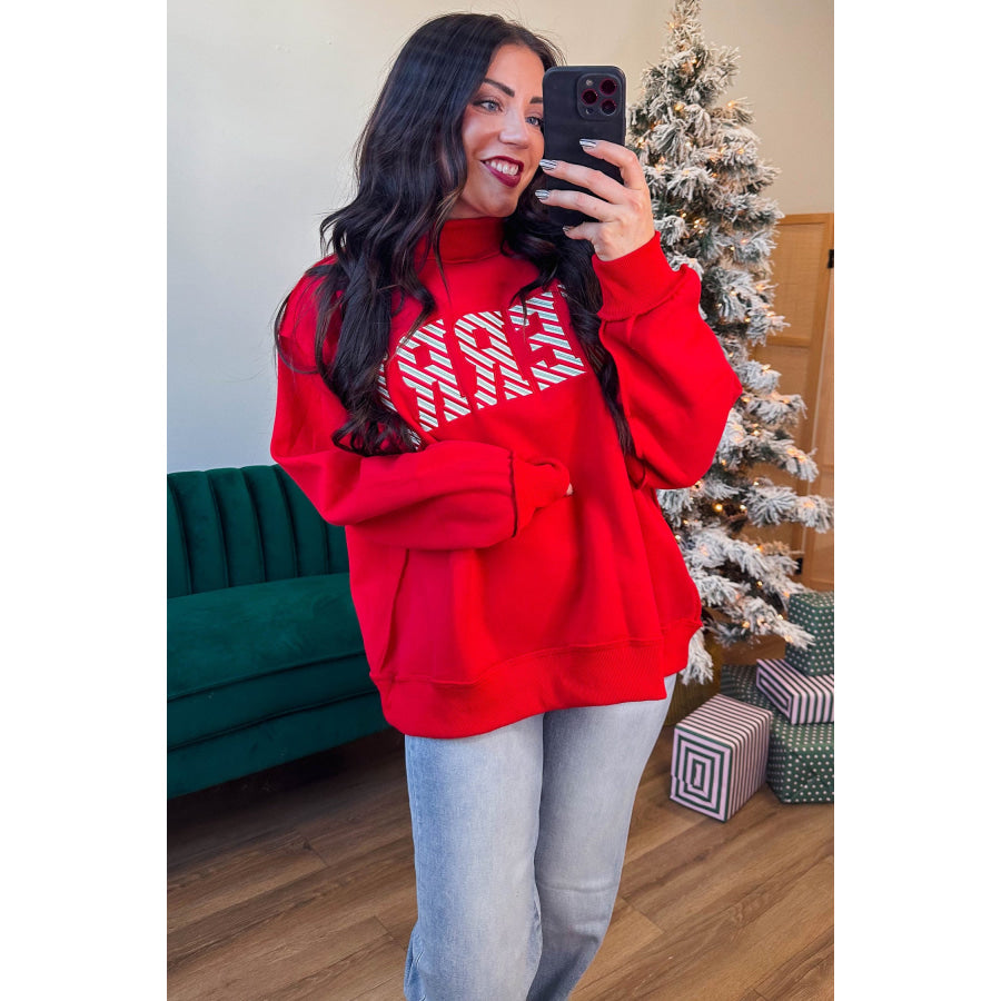 Fiery Red Embroidered Merry Slogan Stand Neck Long Sleeve Shift Sweatshirt Tops/Sweatshirts & Hoodies