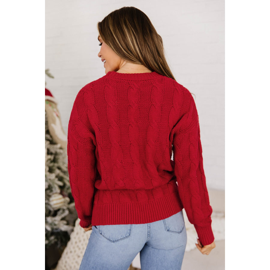 Fiery Red Falala Cable Knit Christmas Dropped Shoulder Pullover Sweater Sweaters & Cardigans/Sweaters