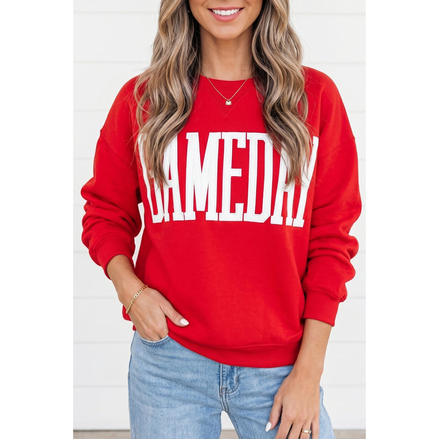 Fiery Red GAMEDAY Embroidered Patch Pattern Casual Shift Sweatshirt Fiery Red / S Tops/Sweatshirts & Hoodies