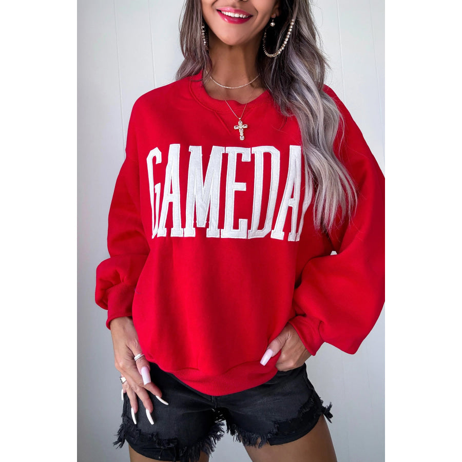 Fiery Red GAMEDAY Embroidered Patch Pattern Casual Shift Sweatshirt Tops/Sweatshirts & Hoodies