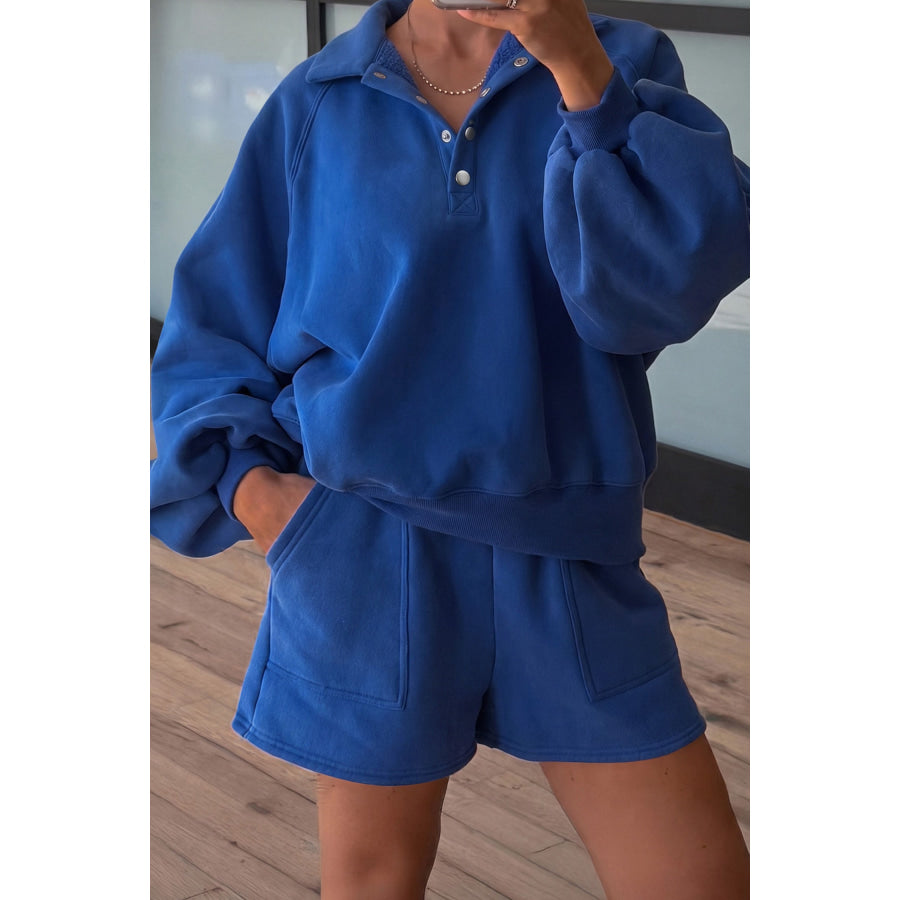Fiery Red Half Button Puff Sleeve Relaxed Pullover and Shorts 2pcs Outfit Dark Blue / S Two Piece Sets/Short Sets