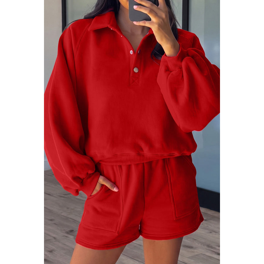 Fiery Red Half Button Puff Sleeve Relaxed Pullover and Shorts 2pcs Outfit / S Two Piece Sets/Short Sets