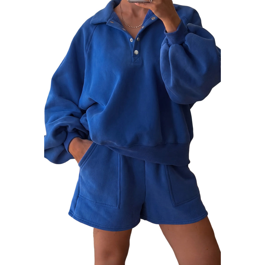 Fiery Red Half Button Puff Sleeve Relaxed Pullover and Shorts 2pcs Outfit Two Piece Sets/Short Sets