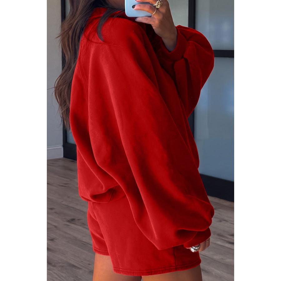 Fiery Red Half Button Puff Sleeve Relaxed Pullover and Shorts 2pcs Outfit Two Piece Sets/Short Sets