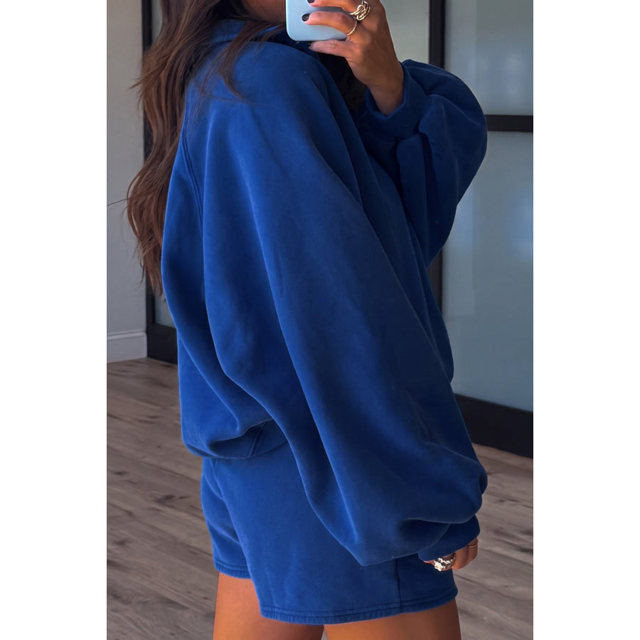 Fiery Red Half Button Puff Sleeve Relaxed Pullover and Shorts 2pcs Outfit Two Piece Sets/Short Sets