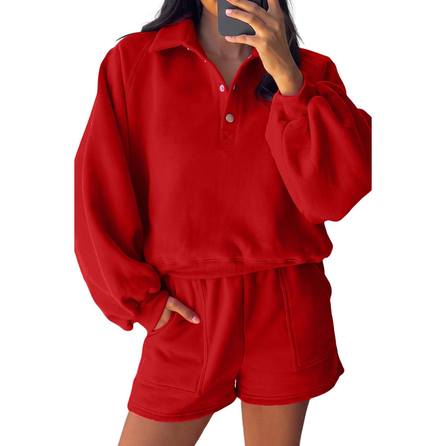Fiery Red Half Button Puff Sleeve Relaxed Pullover and Shorts 2pcs Outfit Two Piece Sets/Short Sets