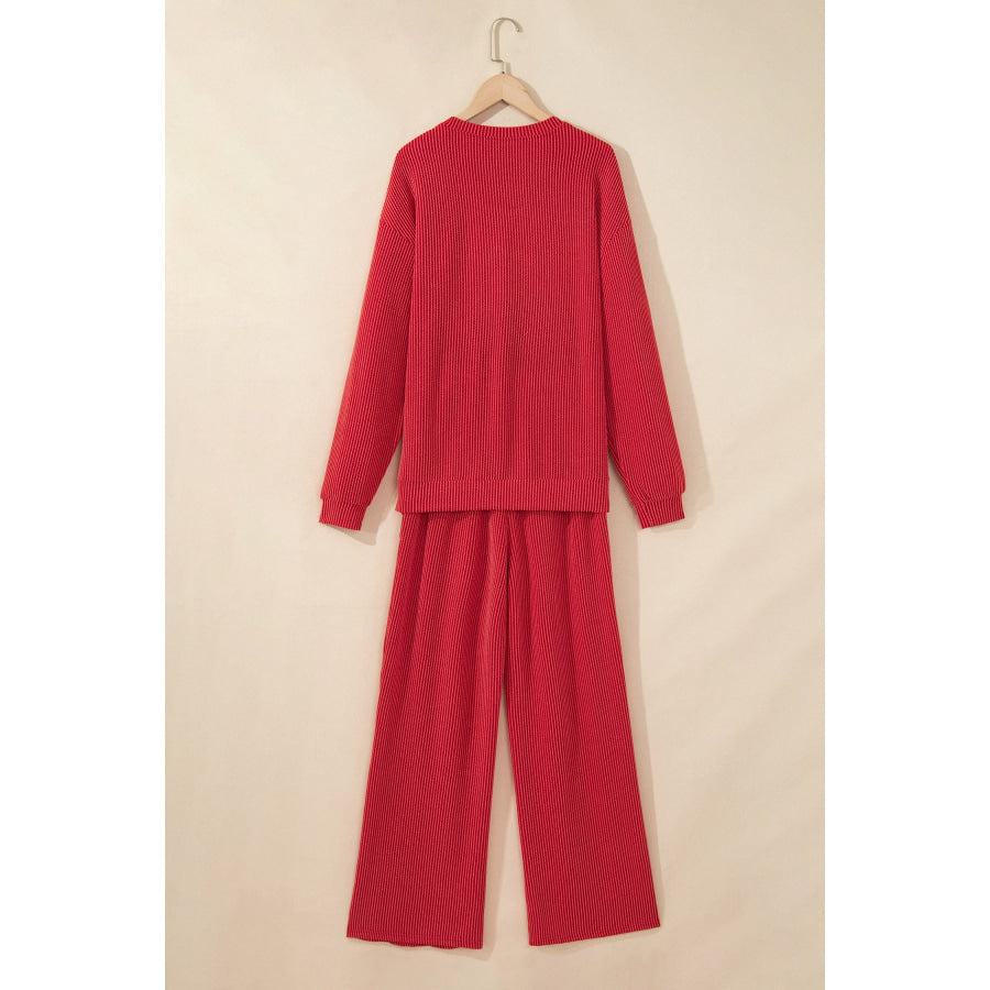 Fiery Red JOLLY Corded Long Sleeve Top and Pockets Pants Set Two Piece Sets/Pant Sets