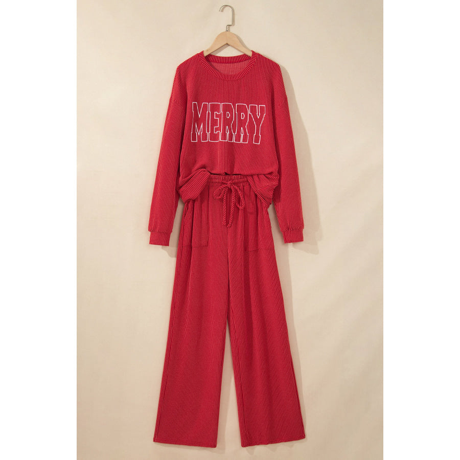 Fiery Red JOLLY Corded Long Sleeve Top and Pockets Pants Set Two Piece Sets/Pant Sets
