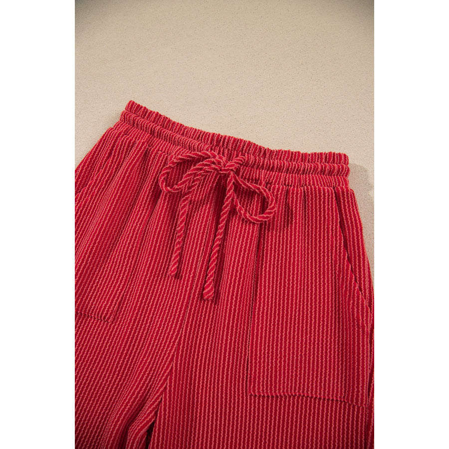 Fiery Red JOLLY Corded Long Sleeve Top and Pockets Pants Set Two Piece Sets/Pant Sets