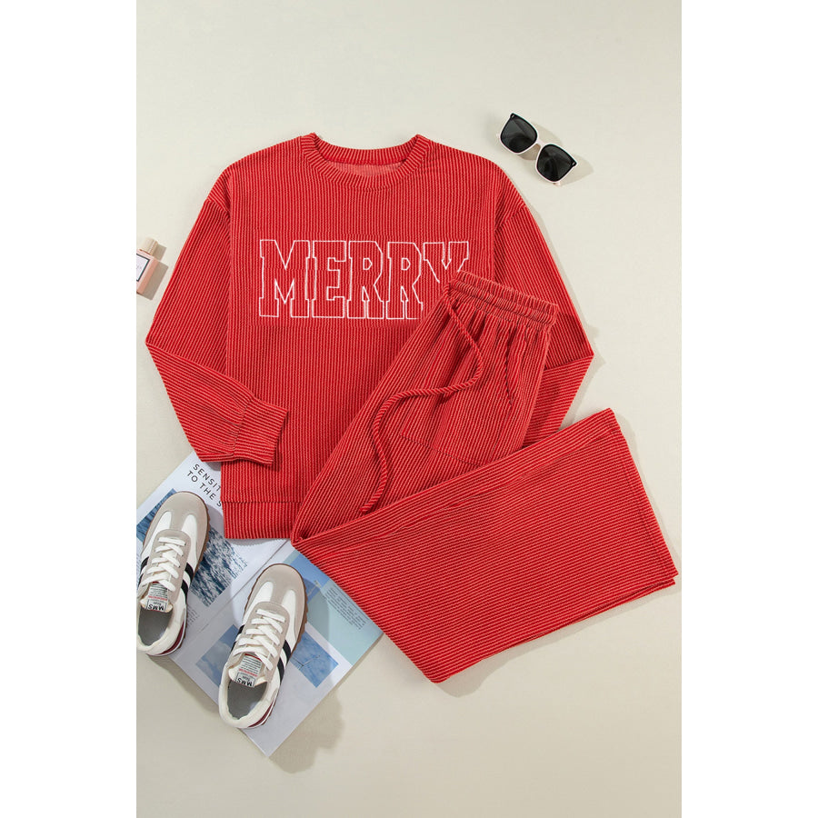 Fiery Red JOLLY Corded Long Sleeve Top and Pockets Pants Set Two Piece Sets/Pant Sets