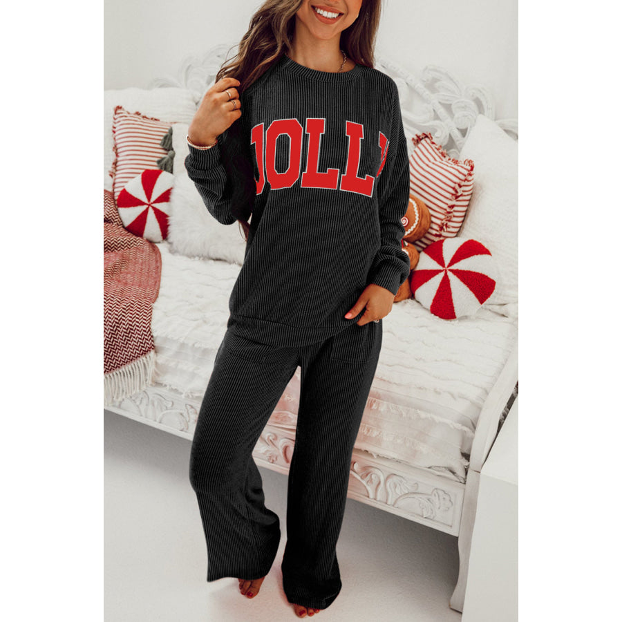 Fiery Red JOLLY Corded Long Sleeve Top and Pockets Pants Set Two Piece Sets/Pant Sets