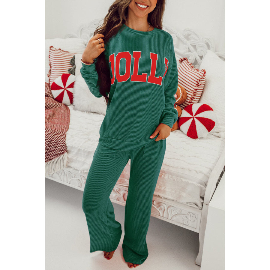Fiery Red JOLLY Corded Long Sleeve Top and Pockets Pants Set Two Piece Sets/Pant Sets