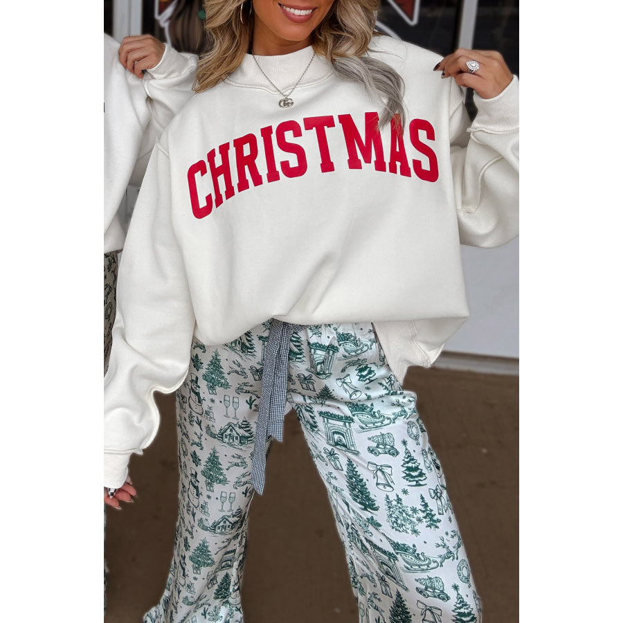 Fiery Red MERRY/CHRISTMAS Reversible Print Mock Neck Baggy Pullover Sweatshirt Tops/Sweatshirts & Hoodies