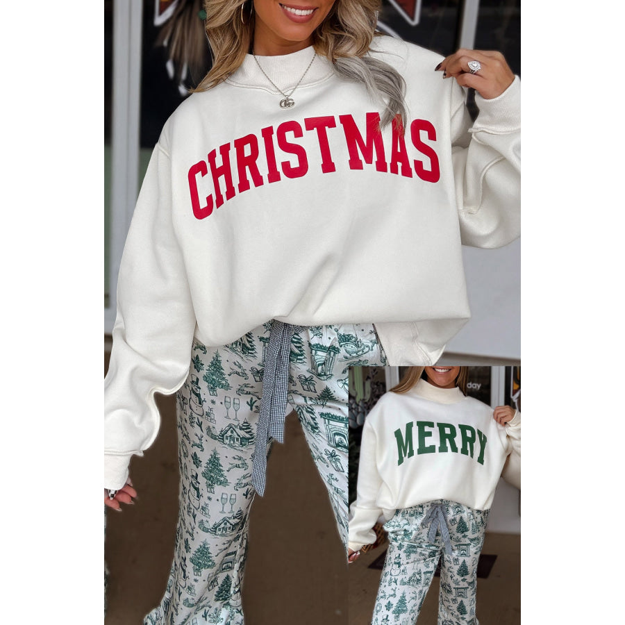 Fiery Red MERRY/CHRISTMAS Reversible Print Mock Neck Baggy Pullover Sweatshirt White / S / 65% Polyester + 35% Cotton Tops/Sweatshirts &