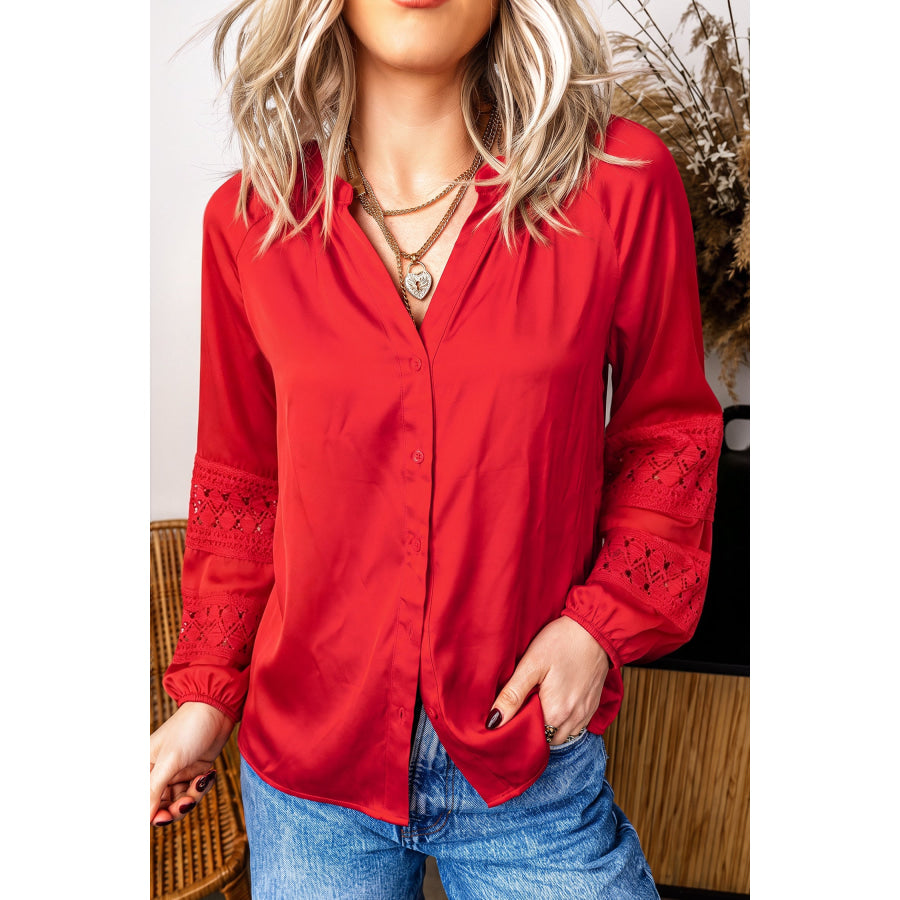 Fiery Red Patchwork Lace Long Sleeve V Neck Button Front Shirt / S / 60% Polyester + 40% Viscose Tops/Blouses & Shirts