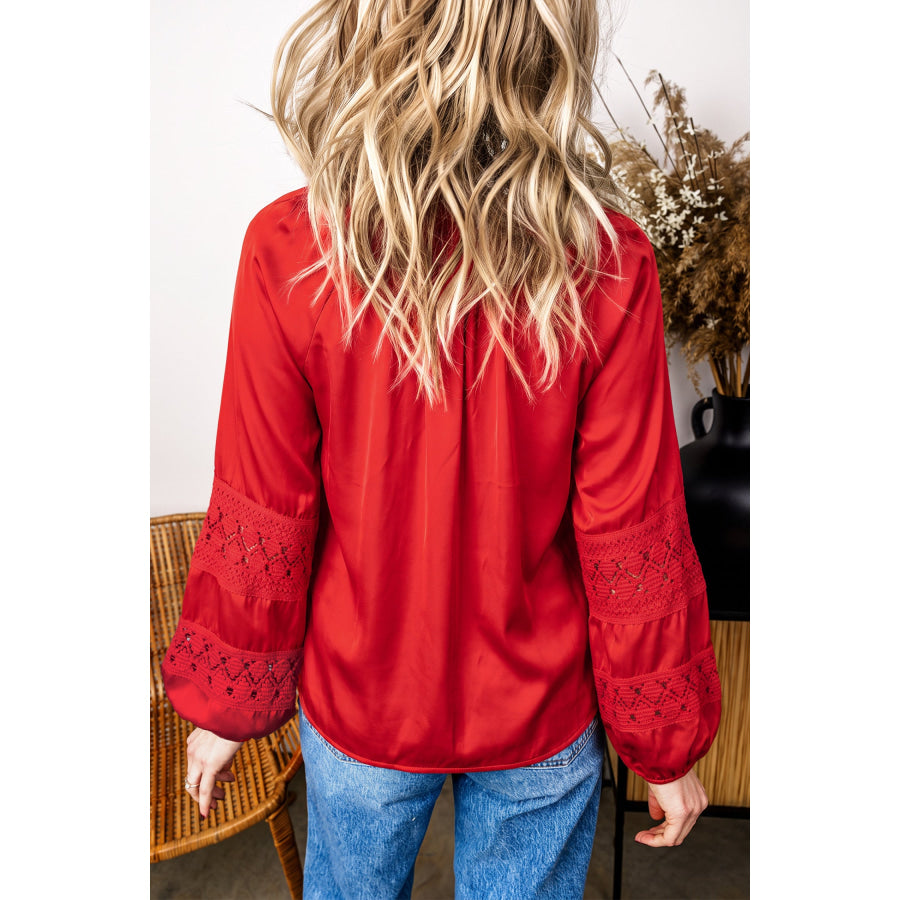 Fiery Red Patchwork Lace Long Sleeve V Neck Button Front Shirt / S / 60% Polyester + 40% Viscose Tops/Blouses & Shirts