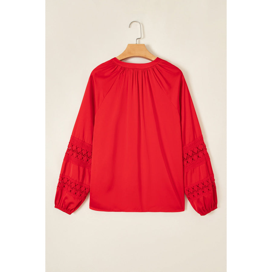 Fiery Red Patchwork Lace Long Sleeve V Neck Button Front Shirt Tops/Blouses & Shirts