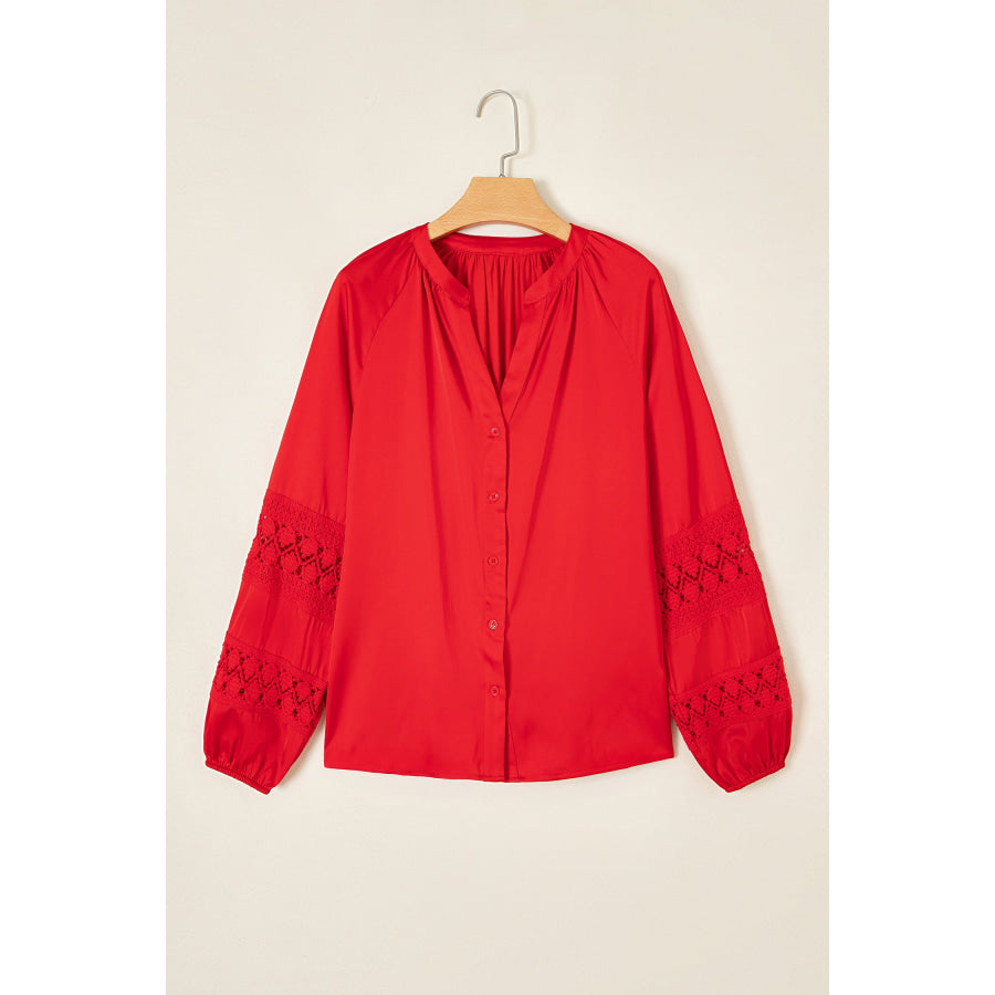 Fiery Red Patchwork Lace Long Sleeve V Neck Button Front Shirt Tops/Blouses & Shirts