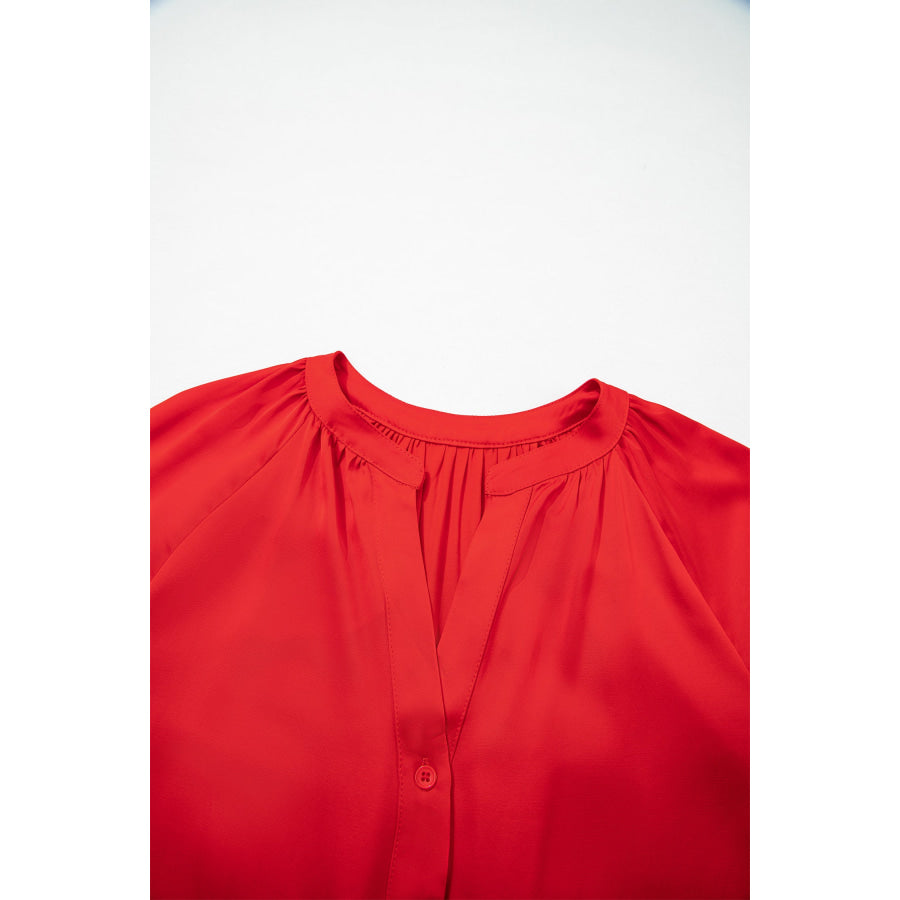 Fiery Red Patchwork Lace Long Sleeve V Neck Button Front Shirt Tops/Blouses & Shirts