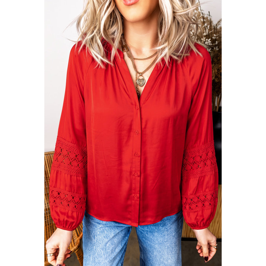 Fiery Red Patchwork Lace Long Sleeve V Neck Button Front Shirt Tops/Blouses & Shirts