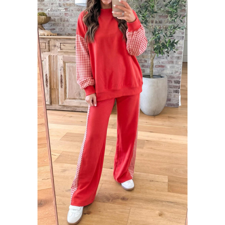 Fiery Red Plaid Contrast Long Sleeve Top And Wide Leg Pants Set / S / 50% Polyester + 50% Cotton Two Piece Sets/Pant Sets