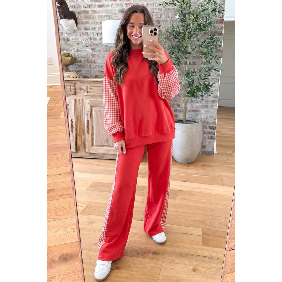 Fiery Red Plaid Contrast Long Sleeve Top And Wide Leg Pants Set Two Piece Sets/Pant Sets
