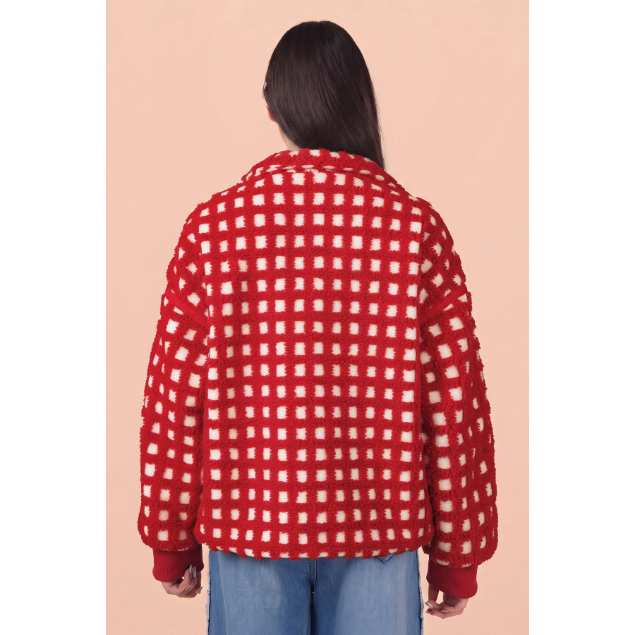 Fiery Red Plaid Zip-up Long Sleeve Jacket Outerwear/Jackets