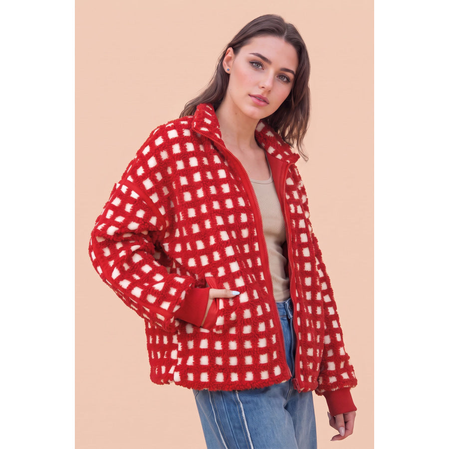 Fiery Red Plaid Zip-up Long Sleeve Jacket Outerwear/Jackets