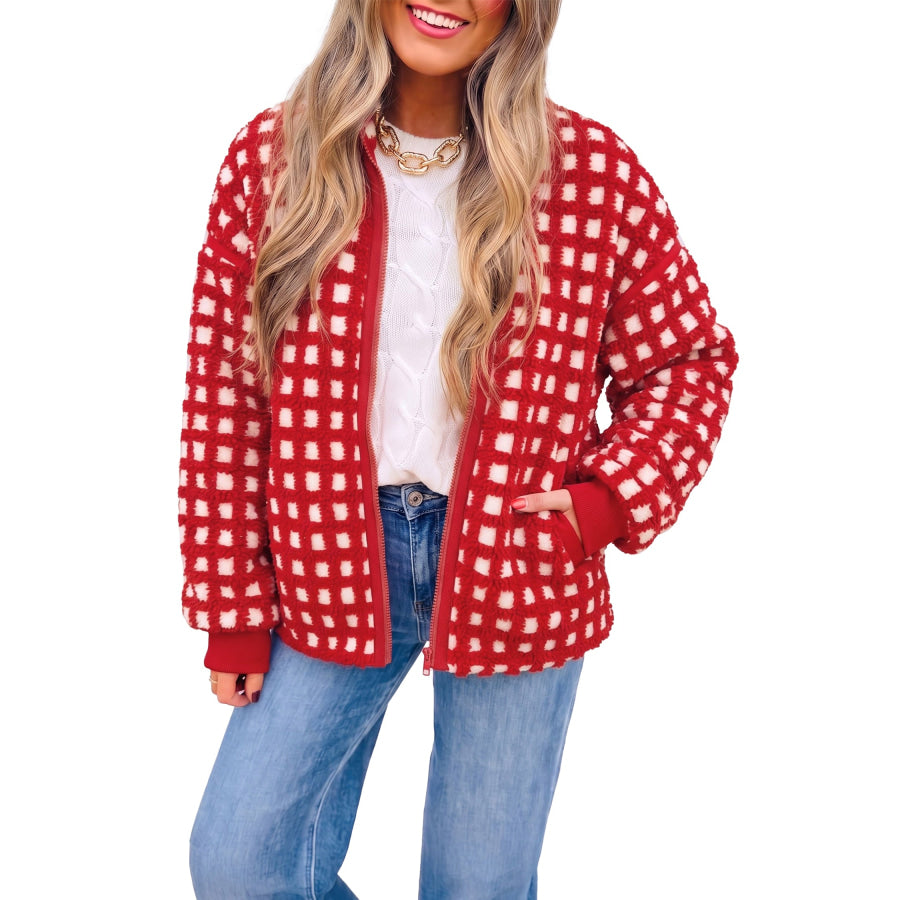 Fiery Red Plaid Zip-up Long Sleeve Jacket Outerwear/Jackets