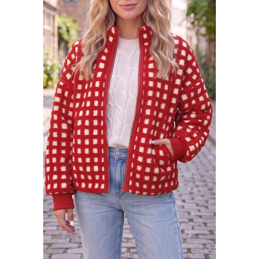 Fiery Red Plaid Zip-up Long Sleeve Jacket Outerwear/Jackets